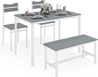 PULUOMIS Dining Table and 2 Chairs with Bench, Kitchen Dining Table and Chairs Set 4 Piece Furniture, Space Saving Design for Home Living Room, Grey and White