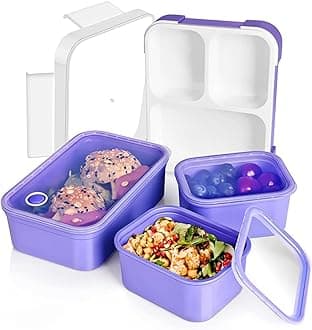 Bento Lunch Box Plastic [3 Removable Compartments] For Adults, Kids - Safe Microwave|Dishwasher|Freezer - BPA Free, Leakproof, Snack Box for School, Work [Purple, 1260 ML]