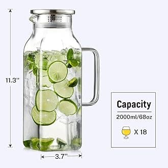 2 Quart (2 Liter 68 oz) Square Glass Pitcher with Lid and Spout, Water Pitchers with Handle for Fridge, Borosilicate Glass Carafe for Hot/Cold Drink, Large Jug for Iced Tea, Coffee,Juice,Milk,Beverage