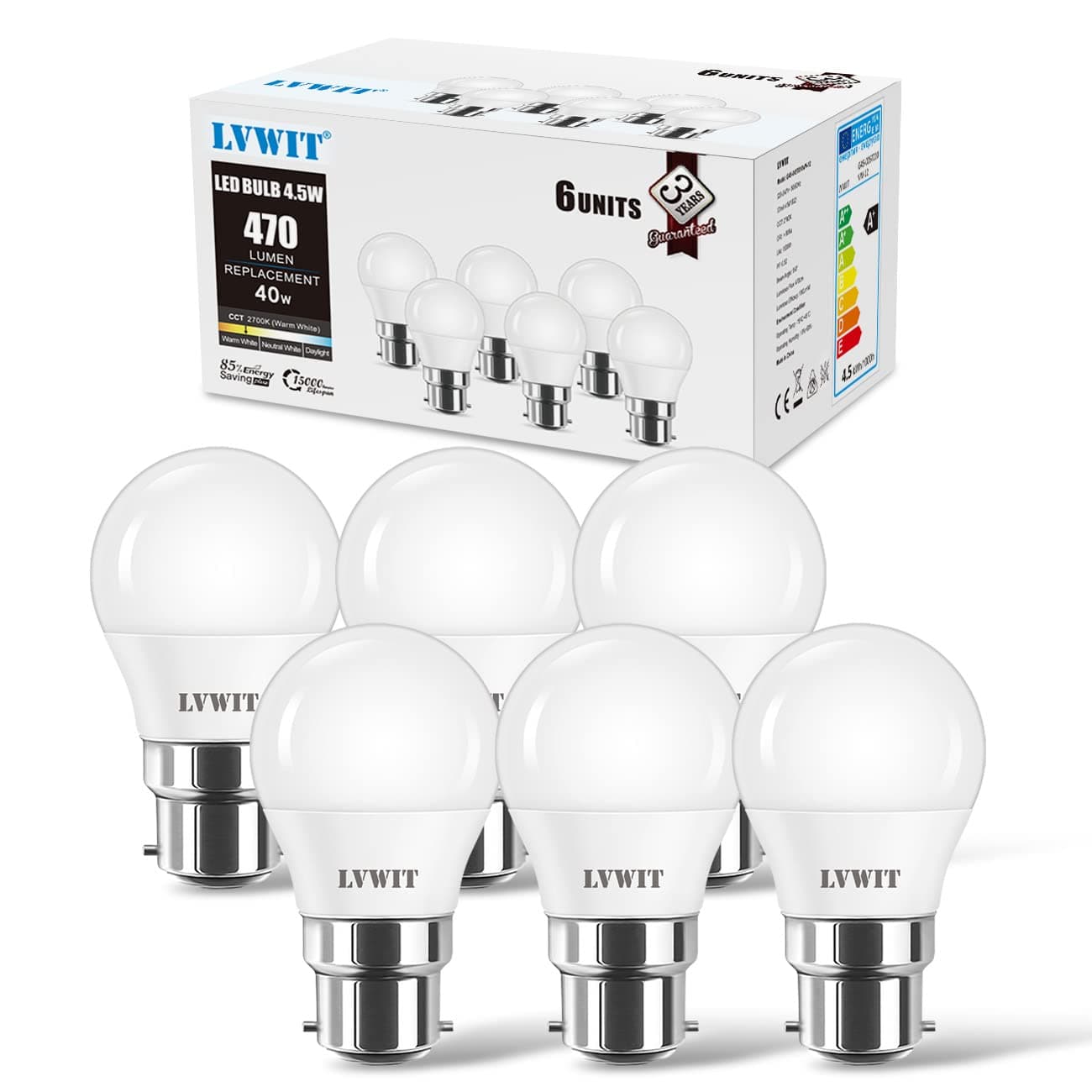 LVWIT SES Golfball B22 LED Light Bulbs, Golf Ball Led Bulbs,Bayonet 40W Equivalent, 4.5W, 470Lm,2700K Warm White Golf Ball Bayonet Bulb Energy Saving,Non-Dimmable,(φ45*75MM,6PCS)