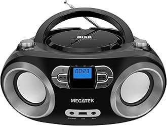 MEGATEK Portable CD Player Boombox with FM Radio, Bluetooth, USB Port, AUX Input, and Headphone Jack – CD-R/CD-RW/MP3-CD Compatible, Clear Stereo Sound, Backlit LCD Display – Black