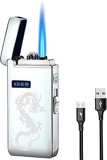 Dual Arc Lighter, Jet Flame Torch Lighter Electronic Lighter Refillable Butane 2 in 1, USB Rechargeable Lighter with Battery Indicator Windproof Infinity Plasma Electric Lighter (Silver Dragon)