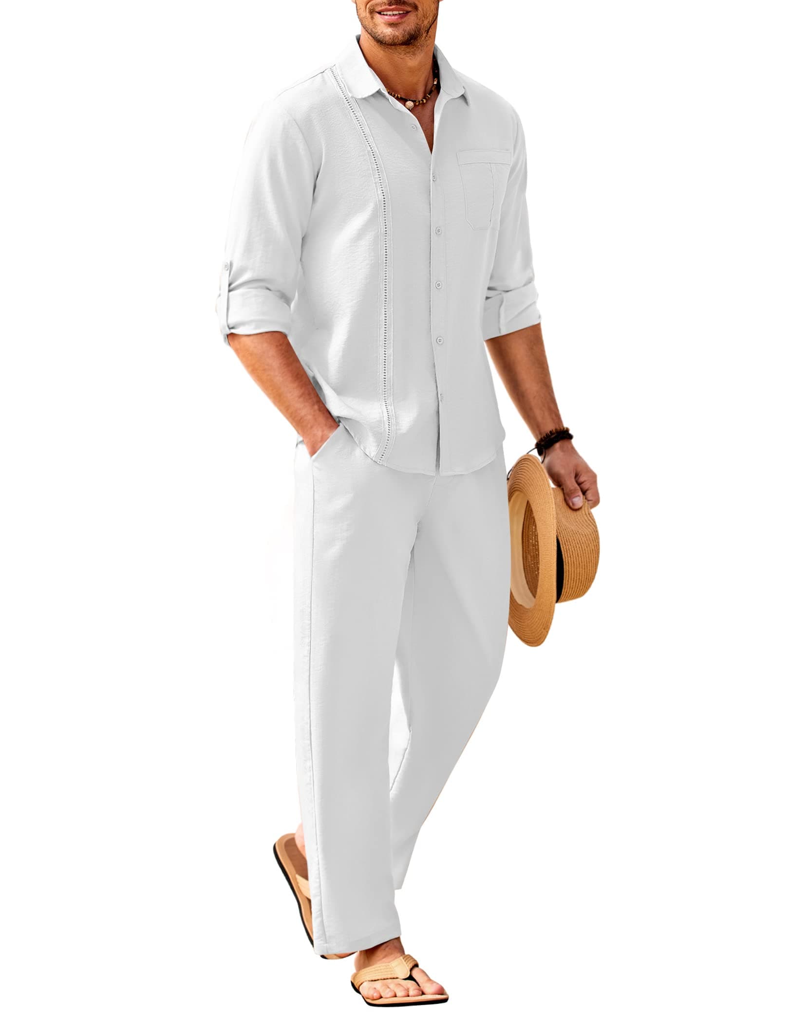 Mens Linen Sets 2 Piece Long Sleeve Button Down Cuban Shirt and Pants Set Summer Beach Set Outfits