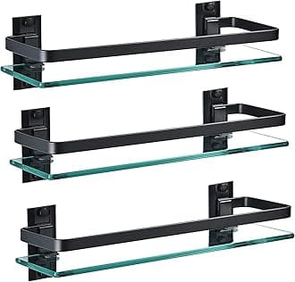 AIJALY 3 Pack Bathroom Glass Shelf,Aluminum Tempered Glass 0.34in Extra Thick Rectangular 1 Tier Storage Organizer Wall Mount,Black 15.7in