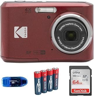Pixpro FZ45 Digital Camera Bundle, Includes: SanDisk 64GB SDXC Memory Card, Spare Batteries and Card Reader (4 Items) (Red)