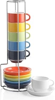 Porcelain Espresso Cup & Saucer Set, Stackable Demitasse Cups with Metal Stand, 2.5 OZ for Latte,Coffee,Cafe Mocha,Tea, Set of 6(Multi)