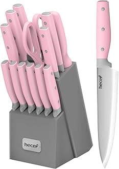 Kitchen Knife Block Set, 14 Pieces Knife Set with Wooden Block & Sharpener Steel & All-purpose Scissors, High Carbon Stainless Steel Cutlery Set (Pink)