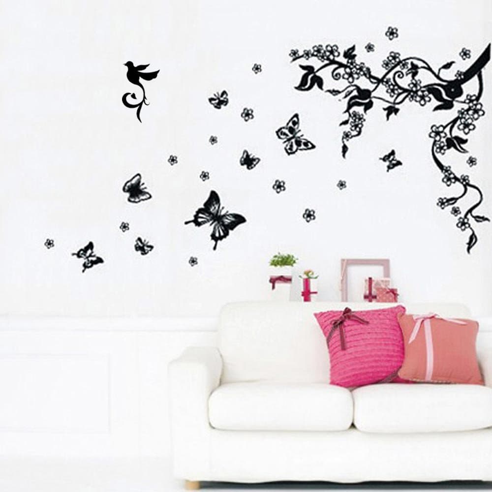 WALPLUSWall Stickers Dancing Butterflies Tree Branch Removable Self-Adhesive Mural Art Decals Vinyl Home Decoration DIY Living Bedroom Office Décor Wallpaper Kids Room Gift, Multi-colour
