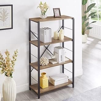 FOLUBAN 4 Tier Open Bookshelf, Vintage Free Standing Book Shelf, Rustic Wood and Metal Bookcase for Home Office, Oak