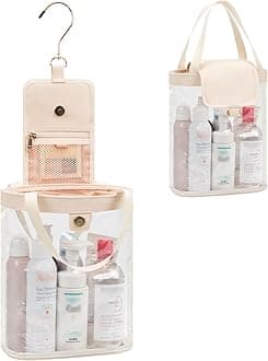 onemoky Travel Toiletry Bag, Clear Hanging Toiletry Bag for Women Men, Waterproof Travel Bag for Toiletries, Transparent Makeup Bag Cosmetic Organizer, Portable Bath Shower Bag, Beige, Clear Toiletry