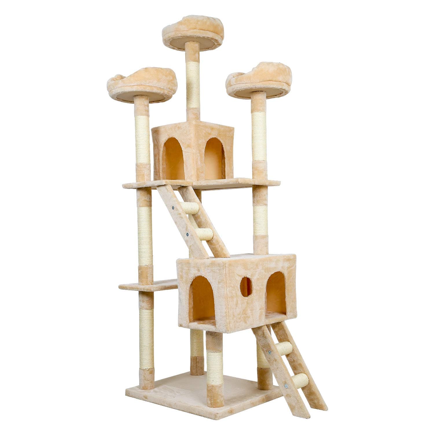 Mondeer Cat Tree Cat Scratching Post Cat Tall Tower,Stable Cat Palace with Two Cat Cave,Three Platforms and Two Climbing Ladders (Beige)
