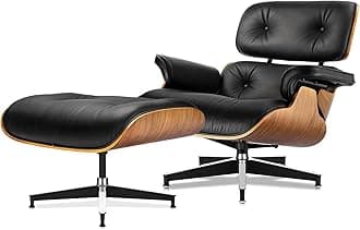 Top Black Grain Leather, Mid Century Chaise Lounge Chair and Ottoman, Modern Chair Classic Design, Heavy Duty Base Support for Living Room Study Lounge Office (Walnut-Black)