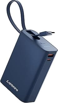 20000mAh Pocket Size Power Bank with Inbuilt Type-C Cable, 22.5W Fast Charging, Type-C PD & USB Output, Portable Mini Powerbank for iPhone, Android & Other Devices (MiniCharge 20, Black-Blue)