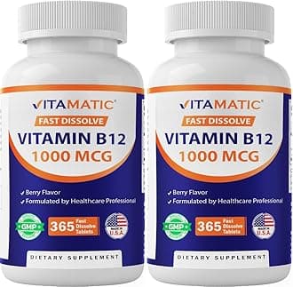 Vitamatic Vitamin B12 1000 mcg Fast Dissolve Tablets – Natural Berry Flavor – 365 Tablets per Bottle - 2 Bottles – Supports Energy Metabolism & Nervous System Health