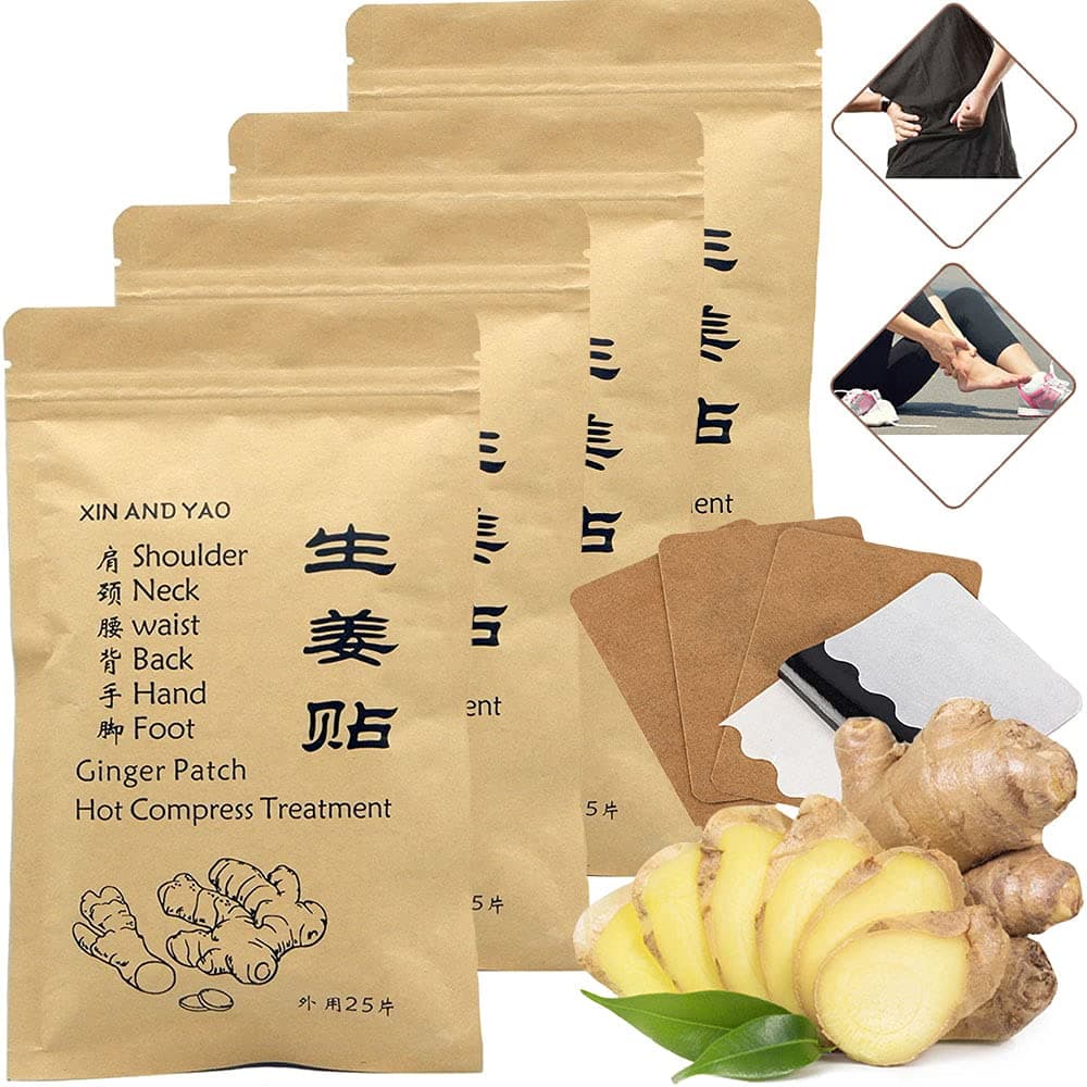 NC 100pcs Self-Heating Ginger Patch for Lymph, Promote Blood Circulation, Pain Relief for Shoulder, Neck, Waist, Back, Hand, Foot, Knee & Joint, Stomach Bloating, Hot Compress Pad (12 * 8cm)