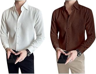 GRECIILOOKS Men's Formal Button Down Shirt – Slim Fit Office Wear Shirt's for Men | Textured Long Sleeve Cotton Blend | Business & Meeting Ready (Available in Plus Size and Combo Pack of 2)