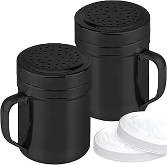 CUSINIUM 10oz Black Stainless Steel Salt Pepper Dredge Shakers - With Plastic Cap - With Handle - Pack of 2