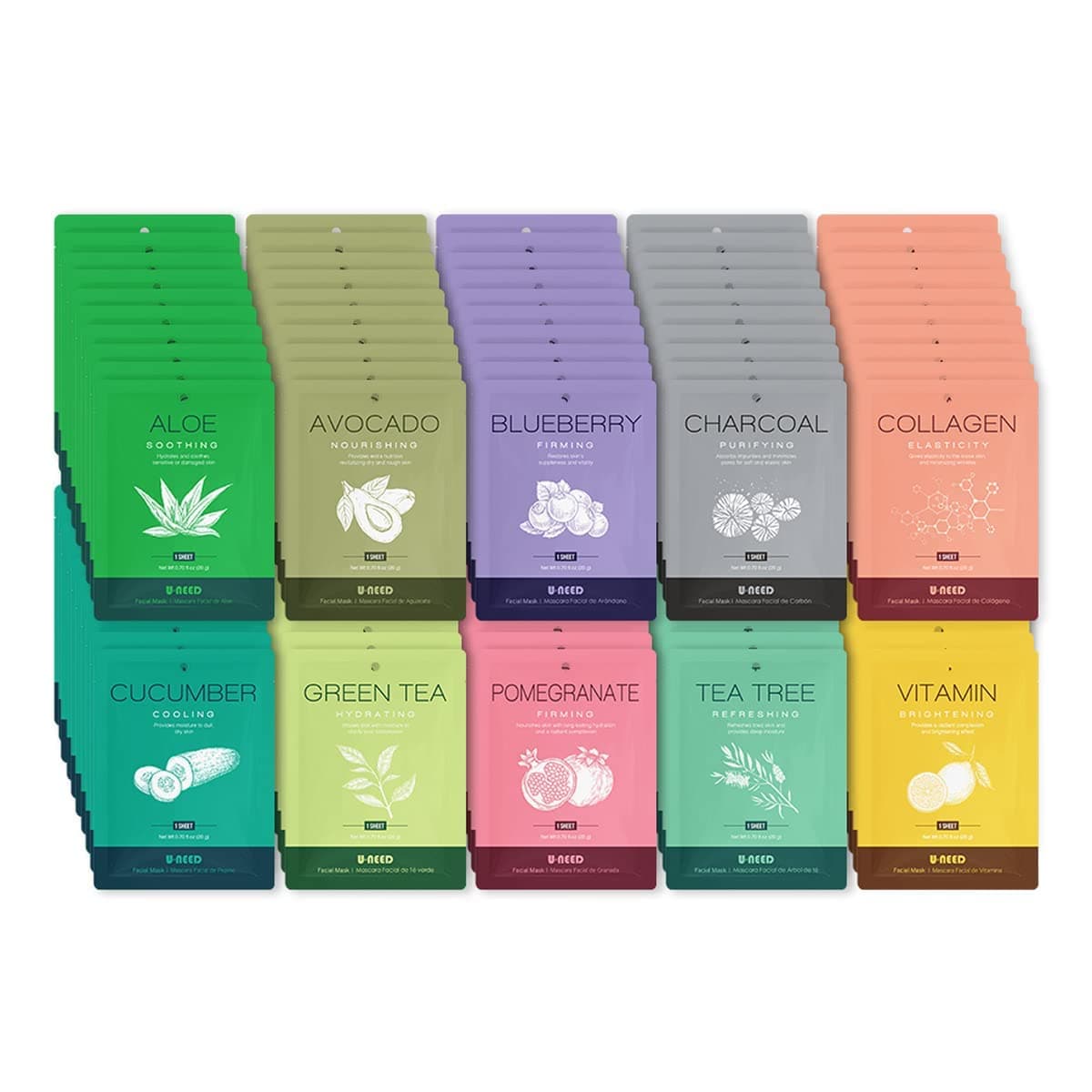 100 pcs Korean Face Sheet Mask (10 Types x 10 pcs) Natural Facial Mask Sheet | Tencel | Skin Care | Made in Korea | Moisturizing & Tightening | Pigment Balancing | K-Beauty