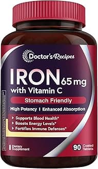 Iron Supplement 65 mg with Vitamin C - Maximized Absorption & Stomach Friendly Iron Pills for Red Blood Cells Formation, Heart, Brain & Immunity Health - Vegan Non-GMO 90 Iron Tablets
