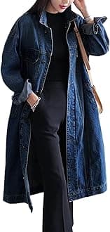 Womens Classic Jean Jacket Plus Size Loose Long Sleeve Button Down Denim Trench Coat