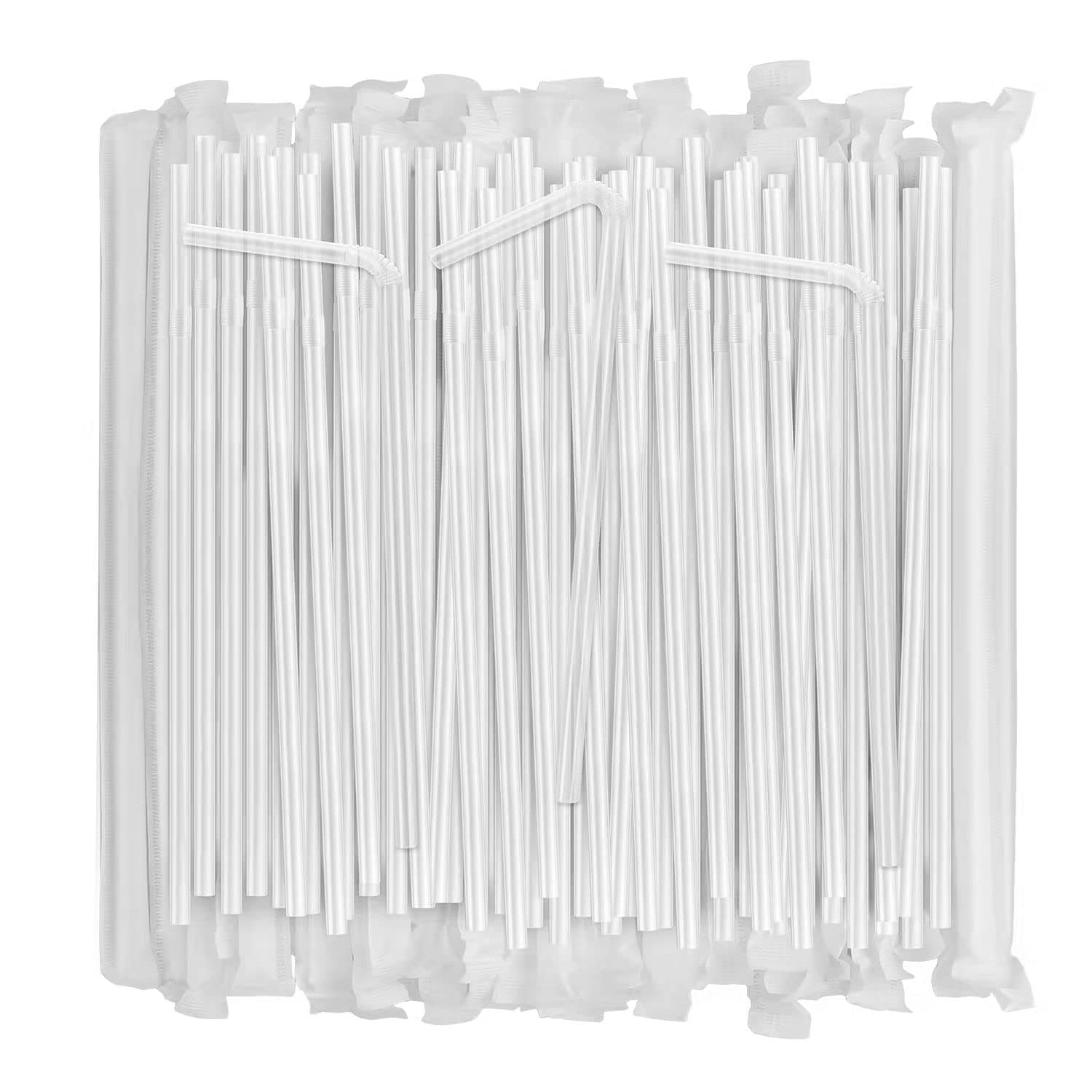[100 Pcs] Bendy Individually Wrapped Plastic Straws - 8.25" Long Disposable Flexible Clear Drinking Straws