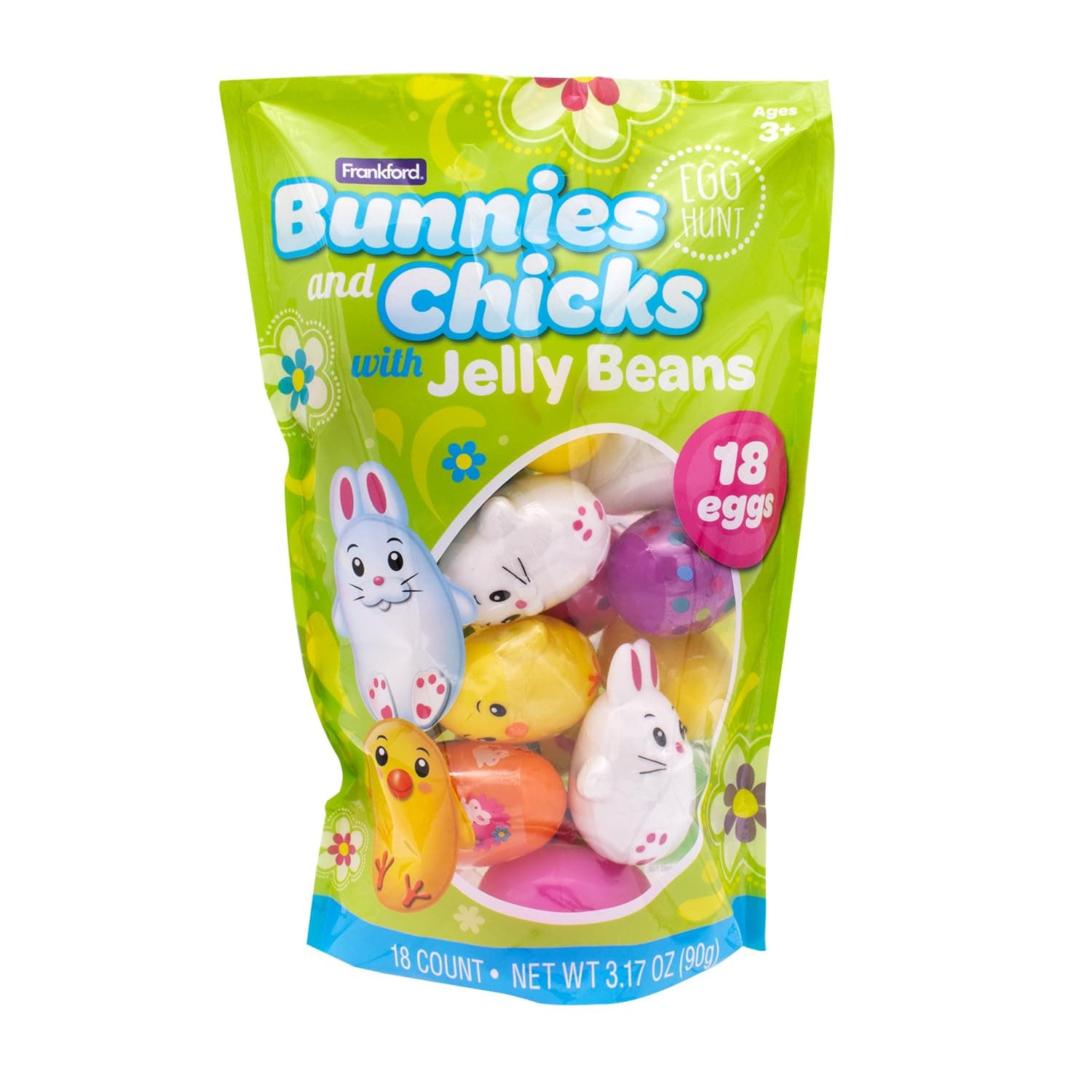 Frankford Pre-filled Bunnies, Chicks, and Patterned Plastic Egg Easter Basket Stuffers with Jelly Bean Candy, 18 Count