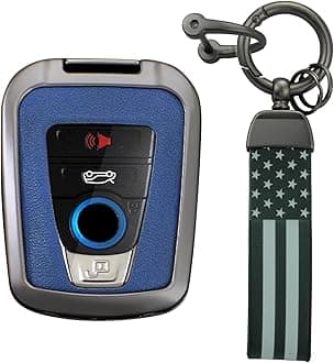 KUNIO PU Leather+Zinc Alloy 4 Button Smart Key Fob Cover Case Fit for BMW 2014-2019 I3 2014-2020 I8 Keyless Key Holder with USA Flag Keychain Car Accessory A Gun Blue