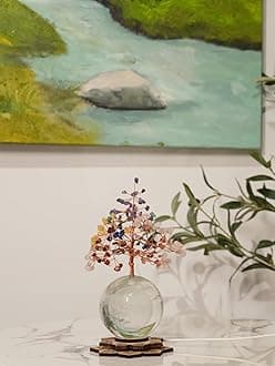 Seven Chakra Tree of Life Decor for Spiritual Gifts, Reiki Healing Crystals Luck Money Tree with Crystal Ball and LED Lighted Zen Base, Feng Shui Decor for Home Office Shelf Desk