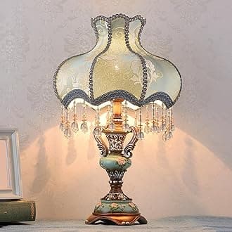 Lovely Table Lamp with Fabric Lampshade, Antique Flower Decorative Bedside Desk Lamp, Crystal Night Light for Bedroom Nightstand, Blue Finish