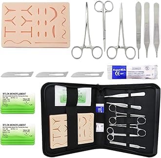 Suture Practice Kit for Medical Students Complete Surgical Training Include 17Pre-Cut Wounds Silicone Suture Pad,6 Suture Tools,6 Sterile Thread & Needle,5 Dissection Blades with 1 Bag(18 Pcs)