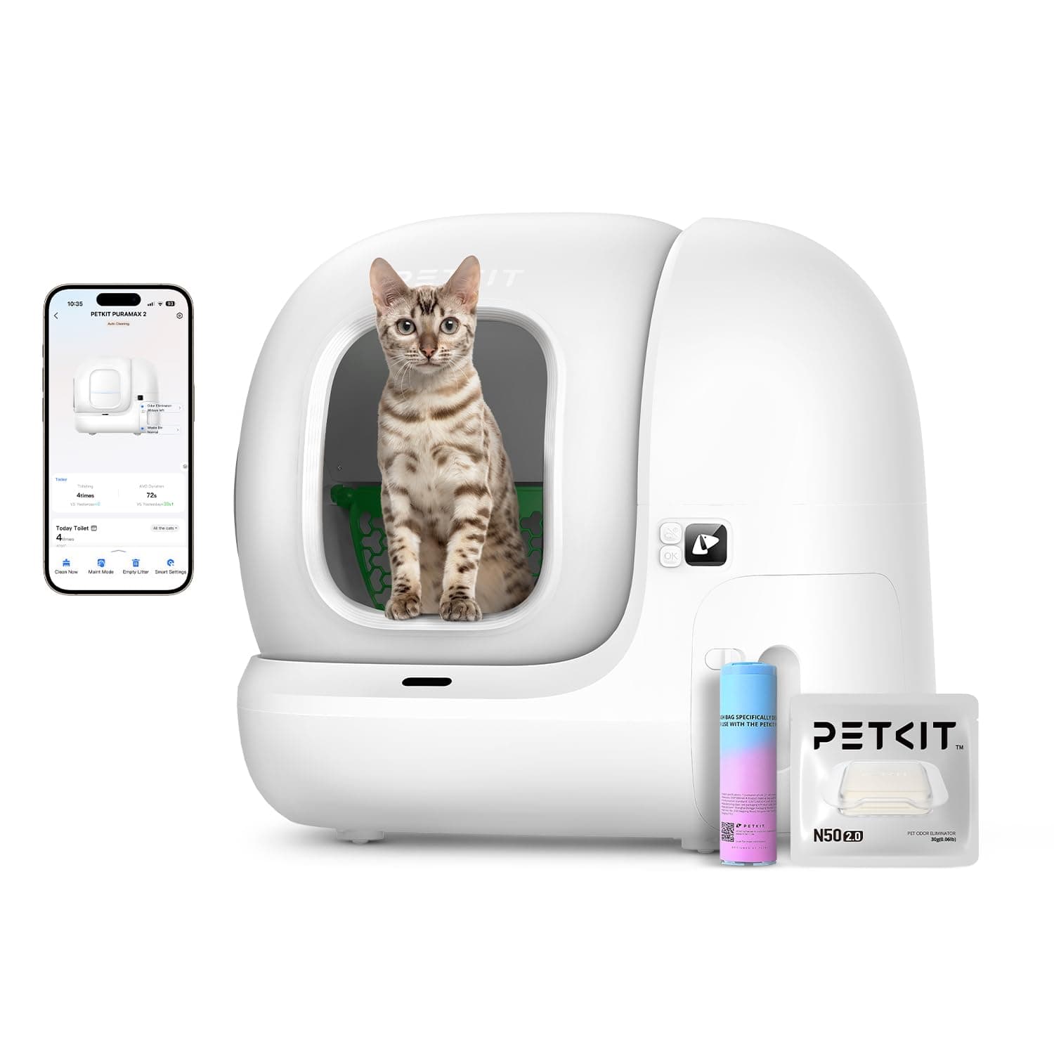 PETKIT PuraMax 2 Automatic Self-Cleaning Cat Litter Box, App Control Automatic Litter Box with Safety Sensors, Odor Free & Anti-Leakage Basic Bundle Includes Trash Bags,2.4G WiFi & Low Entrance