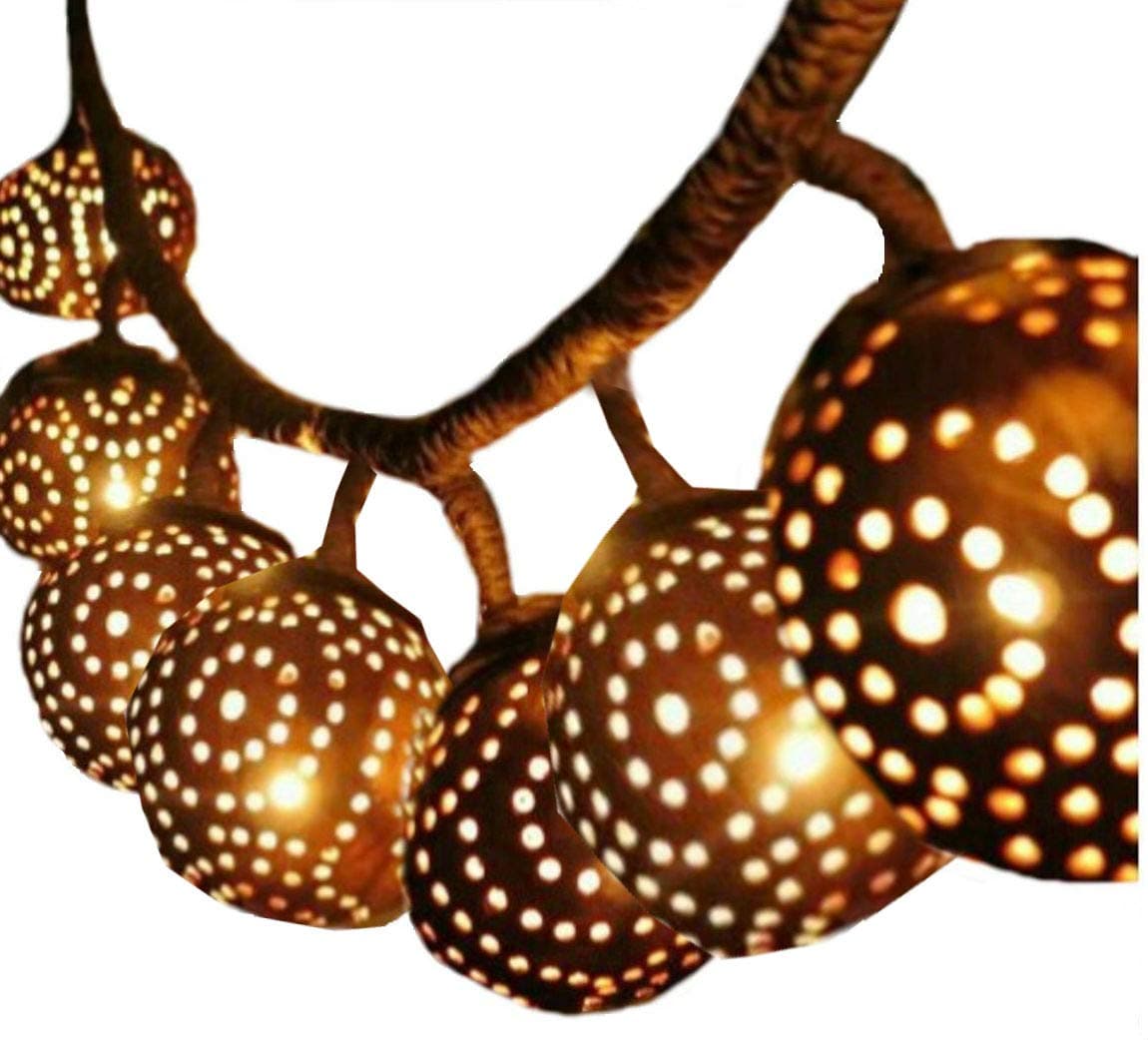 Blue Orchid Hanging String Natural Coconut Shell Lamp - Handmade Indoor Tiki Bar Lights - Tropical Island Decor (7 Globes)