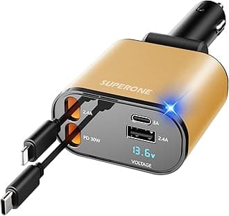 【Upgraded】 SUPERONE Retractable Car Charger 4 in 1, Fast Car Phone Charger with Cord 2.6ft, USB C and Apple Car Charger Adapter, Compatible with iPhone 17 16 15/15 Pro Max/14/13/12/11, Galaxy, Pixel
