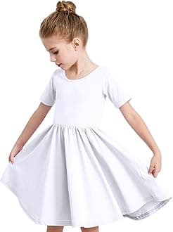 Girls Short Sleeve Dress Summer Kids Toddler Skater Twirl A Line Solid Color T-Shirt Dress for School Casual 3-12 Y
