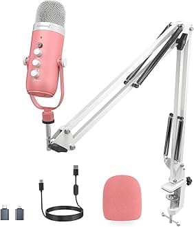 Gaming Microphone Kit,Podcast Condenser USB Mic with Boom Arm,Supercardioid Microphone with Mute Button,Echo Volume Gain Knob,Adjust Monitor for Phone PC Computer (Pink)