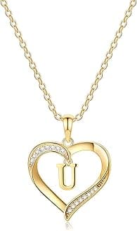 Yesteel U Initial Heart Necklace for Women, 14K Gold Plated CZ Heart Pendant Necklace, Monogram Letter Charm Necklaces for Women Jewelry Gifts