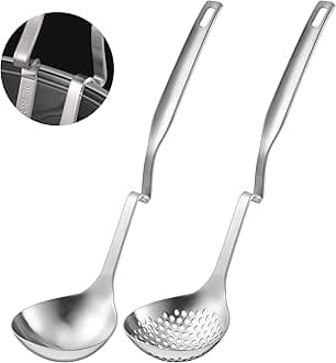 Patelai Hot Pot Slotted Ladle Set Stainless Steel Soup Ladle Strainer Scoops Cooking Skimmer Cookware Utensil for Hotpot Scooping Sauce Serving, 12 Inch(2 Pcs,Silver)