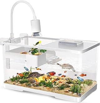(Tank + Light + Filter + Filter Balls) Turtle Tank Kit, Turtle Tank Starter Kit,Bottom Drainage, Multi-Function Areas for Turtles, Crabs,Fishes, Amphibians,Reptiles. (21.65 × 12.28 × 12.28 Inch)