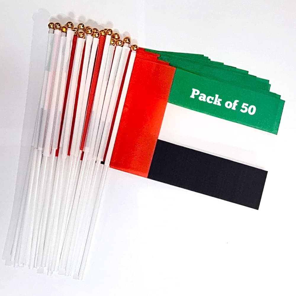 50 Pcs UAE Flag Hand Waving Desk Flags Double Sided Cake National Day Party Supplies Flag (Pack of 50)
