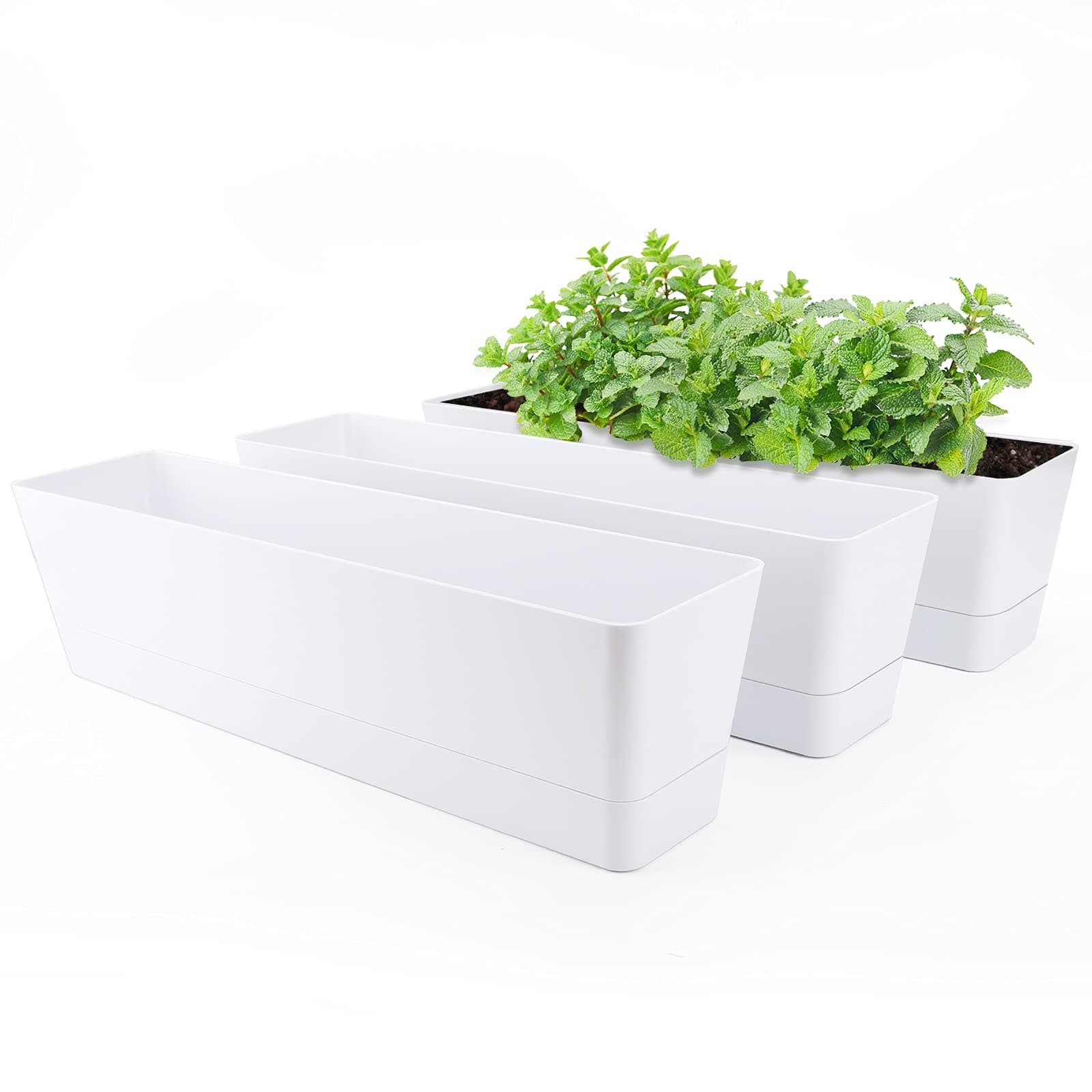 GREANER Window Boxes Planters, 3PCS 16x3.8 Inch Large Herb Planters with Tray, Indoor Succulent Cactus Flowers Vegetable Plastic Rectangle Pots for Balcony, Office, Garden, Outdoor, Windowsill (White)