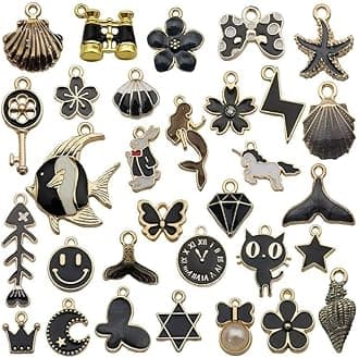 1 Set 31pcs DIY Mixed Assorted Gold Plated Enamel Charm Unicorn Flower Dress Fish Shell Moon Star Animals Pendant DIY for Necklace Bracelet Jewelry Making and Crafting Charms