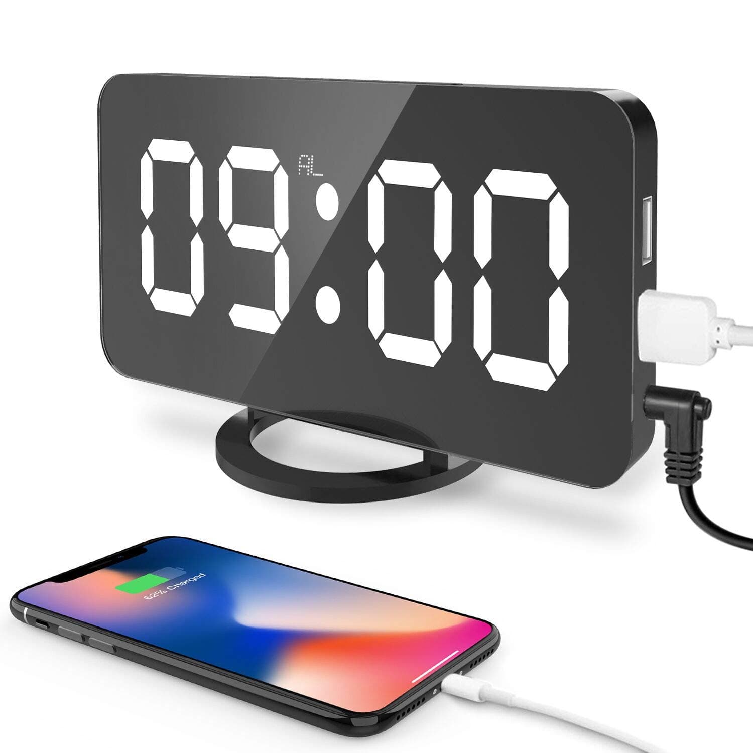 Digital LED Alarm Clock, 6.5'' Large Display Alarm Clock with Dual USB Charger Port, Dimmer and Big Snooze, Mirror Surface, Suitable for Bedroom, Home, Office Décor