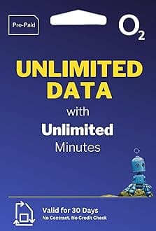 UNLIMITED UK DATA SIM and UNLIMITED MINUTES + SMS - 4G/5G O2 SIM card - Prepaid Sim, Not Pay as You Go. 25GB EU Roaming. Perfect for EU Holidays or Working Away from Home! (30 days).