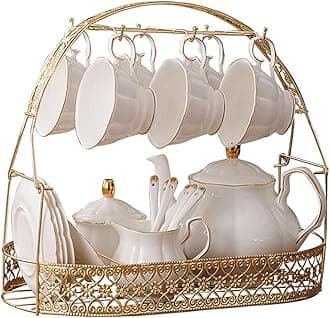 15 Pieces Simple White English Ceramic Tea Sets,Tea Pot,Bone China Cups Without Metal Holder,Matching Spoons,Afternoon Tea Set Service Coffee Set