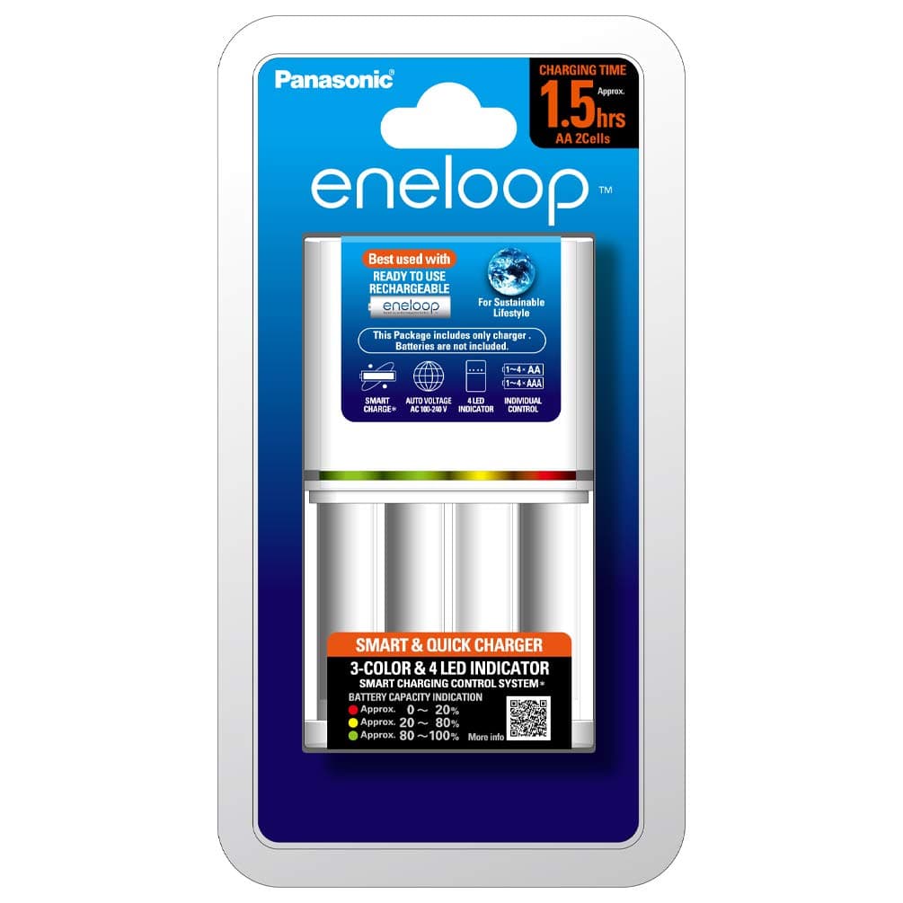 Panasonic Eneloop CC55N Smart and Quick Charger for AA & AAA Rechargeable Batteries,Input AC100V‐240V 50‐60HZ,Charging Output AA×2 1500mA AAA×2 550mA,Timer Control Charging-on,Full Charged-off.