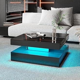 KEEPREAPER Black Coffee Table with 16 LED Lights - Square Coffee Tables for Living Room - Modern Coffee Table with 2 Tier Storage, Mirror Effect Cocktail Tables for Home/Bar/Gaming Room/Waiting Room
