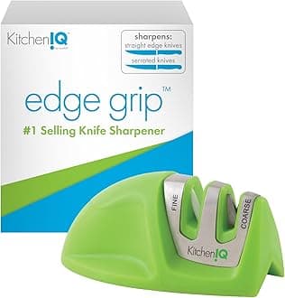 KitchenIQ 50881 - Edge Grip 2-Stage Knife Sharpener - Green - Coarse & Fine Sharpeners -Compact for Easy Storage - Stable Non-Slip Base - Soft Grip Rubber Handle - Straight & Serrated Knives