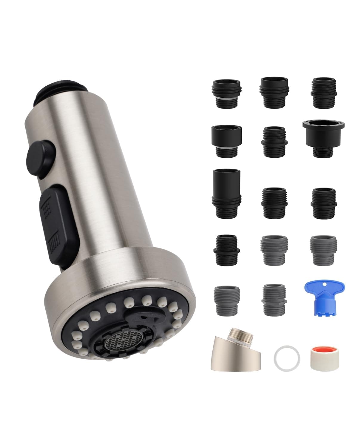 - Hibbent NSF/ANSI/CAN 61 & CUPC Certified Pull Down Kitchen Faucet Head Replacement, 3 Function Sink Faucet Sprayer Nozzle with 15 Adapters, Compatible with Moen, Delta, Kohler Faucets, Brushed Nickel