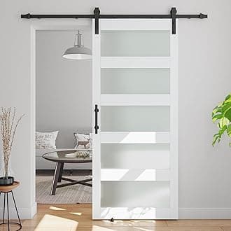 40in x 80in Glass Barn Door with 7ft Barn Door Hardware Kit & Handle, Pre-Drilled Holes Easy Assembly - Covered with Water-Proof PVC Surface, White, 5 Panel