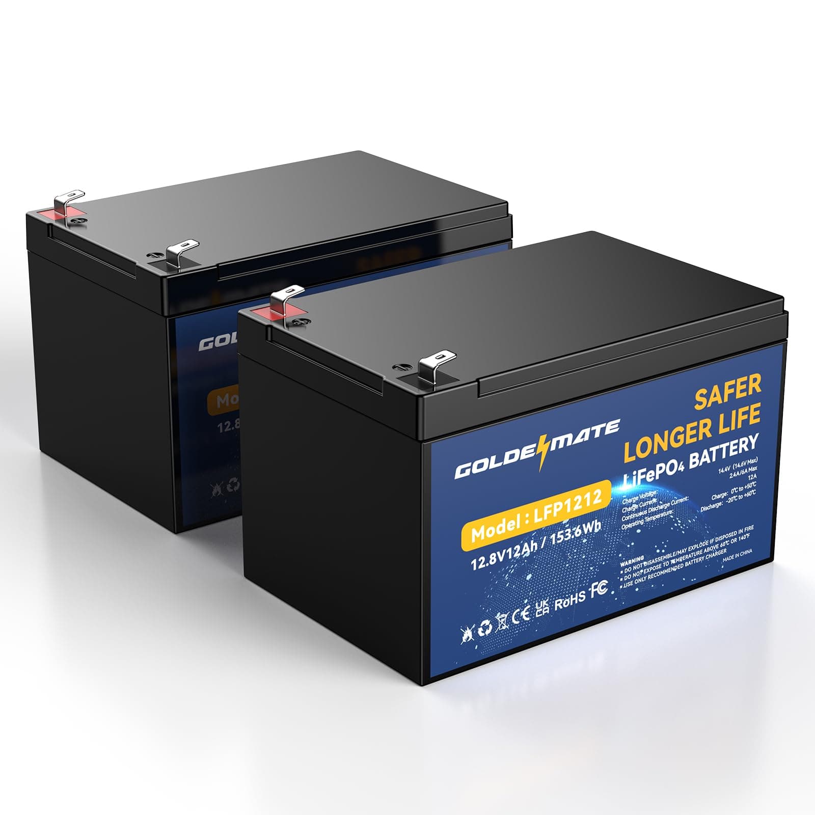 12V 12Ah Lithium LiFePO4 Deep Cycle Battery 2 Pack, 5000+ Cycle Rechargeable Lithium Iron Phosphate Battery for Solar, Fish Finder, Power Wheels, Lighting, with 12A BMS